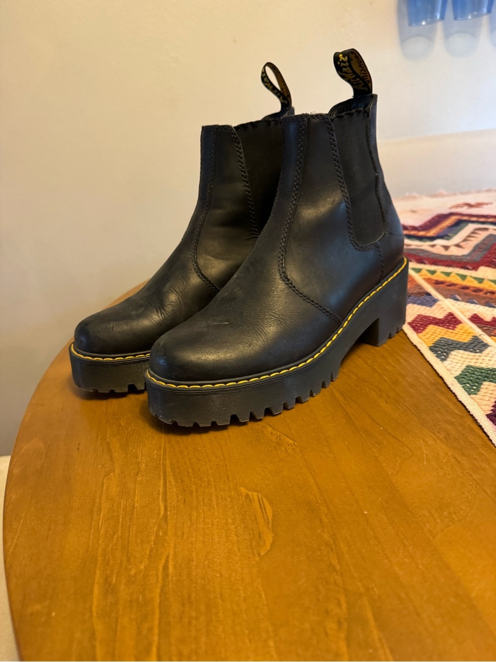 Dr. Martens Black Platform Chelsea Booties with Yellow Stitching